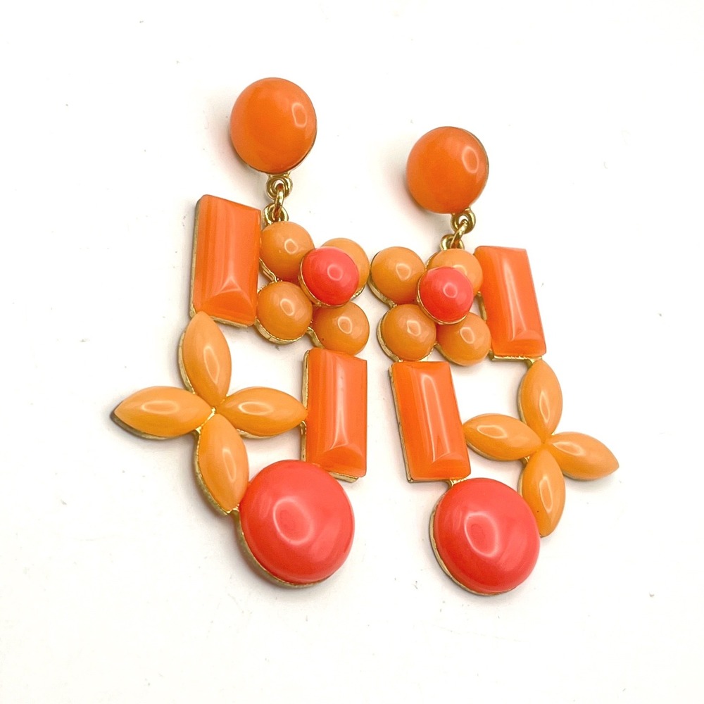 Orange Coral Geometric Floral Drop Earrings Gold Tone Statement Resin Dangles